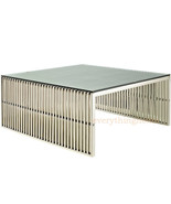 Stainless Steel Ribbed Beam Slotted Tubular Slat Grid Coffee Table Glass... - $799.97
