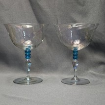 Vintage Iridescent Optic Glass Wine Glass Blue Bubble Stem Set of 2 Glasses 16oz - £31.53 GBP