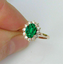 14K Rose Gold Over 2.00Ct Oval Cut Emerald &amp; Diamond Halo Engagement Ring Silver - £98.97 GBP