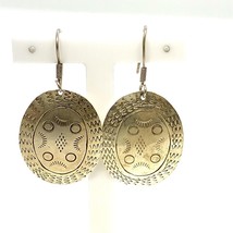 Vintage Signed Sterling Mexico Carved Tribal Stamp Concho Dangle Hook Earrings - £50.60 GBP