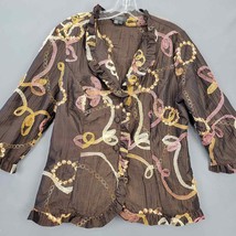 Dressbarn Women Suit Jacket Size L Brown Funky Cottage 3/4 Sleeves Button Up Top - £9.04 GBP