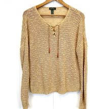 LRL Lauren Ralph Lauren Womens L Sweater Boho Loose Knit Khaki Tan Linen Blend  - £26.97 GBP