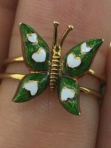 Vintage (ca. 1950) 14K Yellow Gold Butterfly with Green and White Enamel (Sz 6) - £446.88 GBP