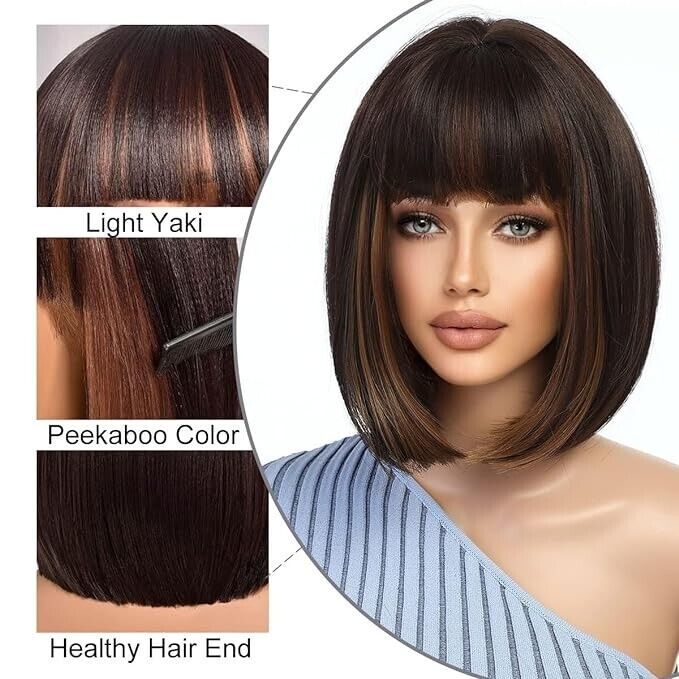 Primary image for Short Bob Wigs for Women,Dark Brown mixed Blonde Highlight Bob Wig with Bangs