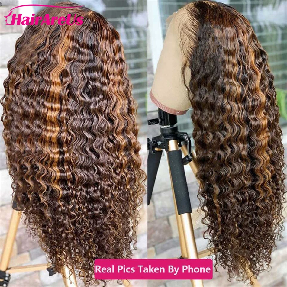 Kinky Curly Highlight Wig Human Hair 13x4 Lace Front Human Hair Wigs Water Wave - £57.54 GBP+