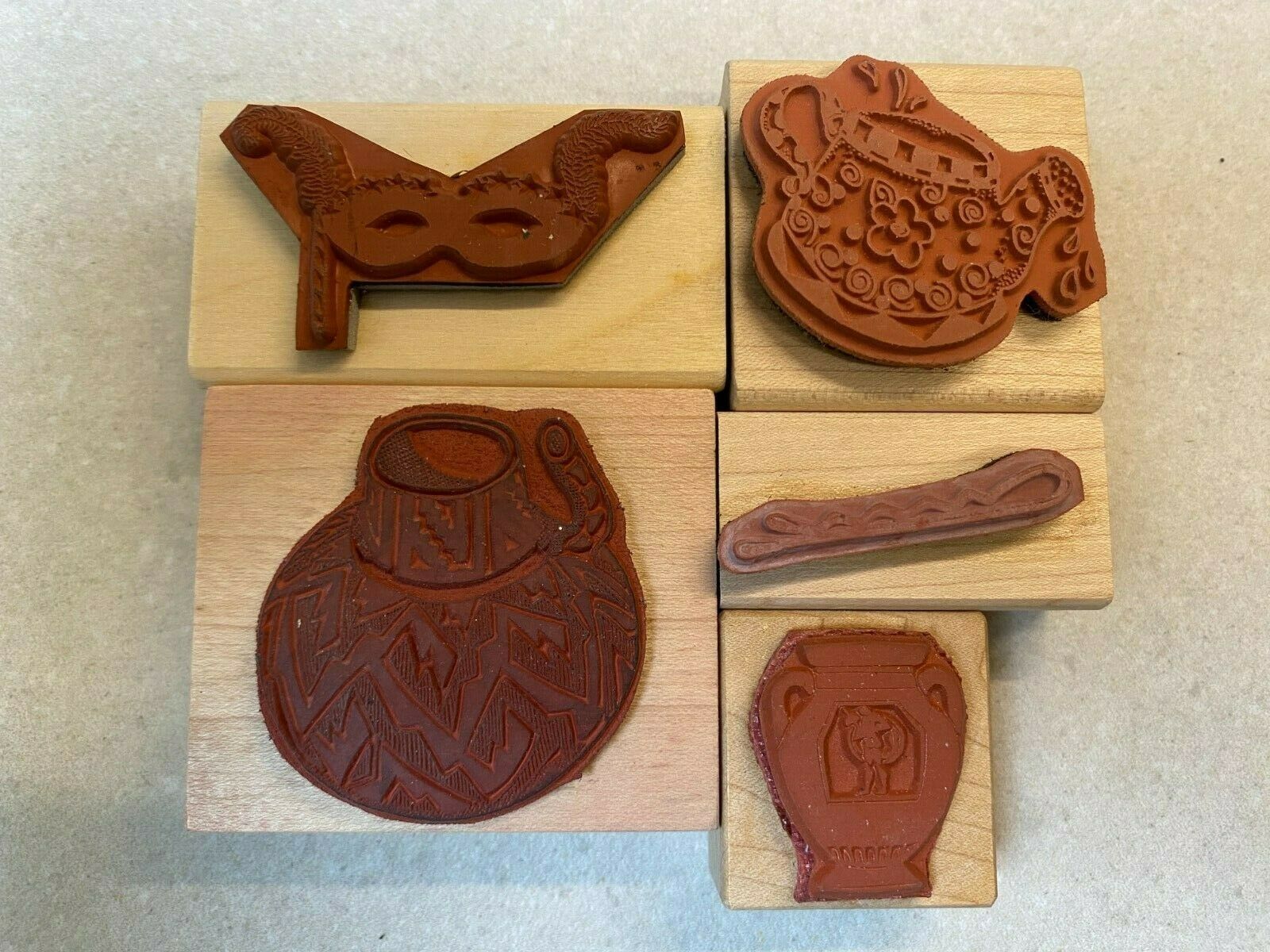 MOUNTED WOOD RUBBER CRAFT STAMPS YOUR CHOICE MASK, WATERING CAN, AZTEC BOWL Item image 2
