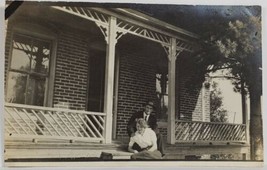 RPPC Sweet Couple Seated on Porch Lovely Home Unique Railings Postcard R1 - £5.44 GBP