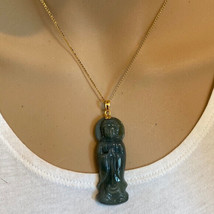 14K Solid Gold Carving Natural Grade A Jade Standing Zen Buddha Buddhist Pendant - £323.16 GBP