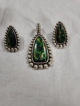 Vtg Pendant &amp; Pierced Earring set.  Ornate silvertone 3pc lot.  Blues &amp; ... - £14.16 GBP