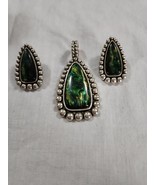 Vtg Pendant &amp; Pierced Earring set.  Ornate silvertone 3pc lot.  Blues &amp; ... - $25.67 CAD
