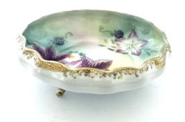Nippon Footed Rose Bowl Gold Trim Hand Painted Leaves Fruit Flowers Vintage - £19.32 GBP