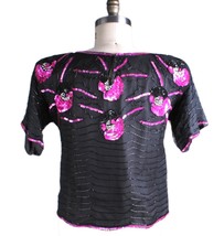 Vintage Avalon Pure Silk Blouse Dressy Black Pink Sequin Scallop Bead Li... - $39.20
