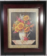 Art Print Sunflowers Still Life Dark Frame is 13.5 x 11.25&quot; Glass Top Signed. - £12.60 GBP