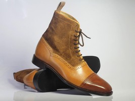 Handmade Men&#39;s Ankle High Brown Cap Toe Boots, Men Leather Suede Lace Up... - $159.99+