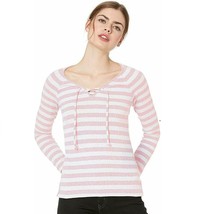 Lucky Brand Womens M Coral Striped Long Sleeve Lace Up V-Neck Henley Top NEW - £16.41 GBP
