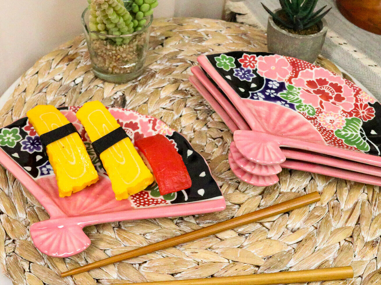 Ebros Set Of 4 Pink Floral Blossoms Oriental Fan Shaped Appetizer Sushi Plates