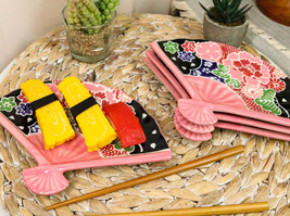 Ebros Set Of 4 Pink Floral Blossoms Oriental Fan Shaped Appetizer Sushi ... - £34.36 GBP