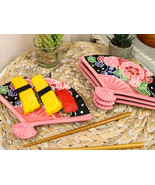 Ebros Set Of 4 Pink Floral Blossoms Oriental Fan Shaped Appetizer Sushi ... - £34.26 GBP
