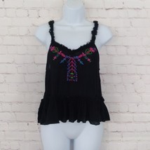 Hot Kiss Top Womens Small Black Sleeveless Scoop V Neck Embroidered Ruffle Boho - £12.81 GBP