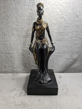 Resin Sculpture Woman On Pedestal  Black And Gold Wishful Thinking 13&quot; Tall - £25.19 GBP