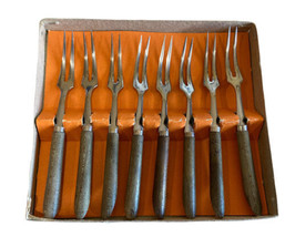 8 Party Forks Stainless Steel Vintage Forks Made in Japan Wood Handles Set - £14.73 GBP