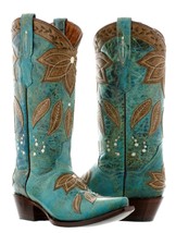 Womens Turquoise Leather Cowboy Boots Floral Embroidered Summer Western Snip Toe - £86.32 GBP