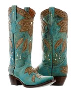 Womens Turquoise Leather Cowboy Boots Floral Embroidered Summer Western ... - £84.97 GBP