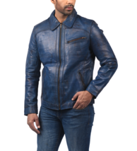 Motobiker Quilted Blue Designer Men Leather Jacket - $155.00