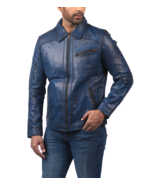 Motobiker Quilted Blue Designer Men Leather Jacket - £117.27 GBP