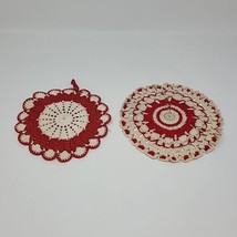Vintage Hand-Crocheted Doilies 7&quot; and 6&quot; Red and Cream Set of 2 Christmas - £15.02 GBP