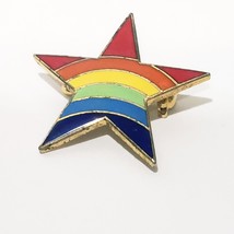 Rainbow Star Shaped Brooch Pin Gold Tone Vintage 1&quot; Metal Colorful - $17.81