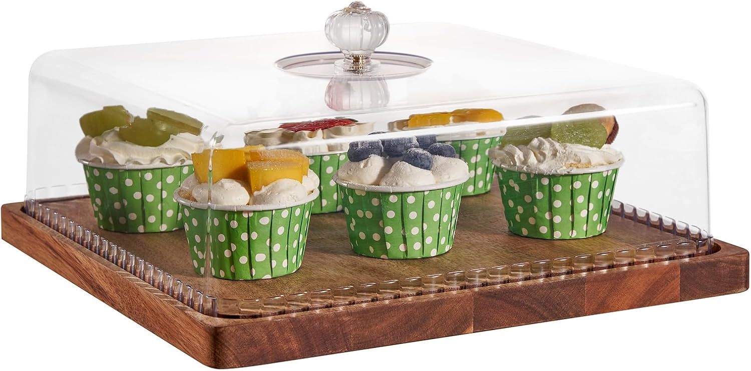Cake Stand With Lid, 11.6″ Square Small-Sized Cake Holder, Acacia Solid ... - $44.95