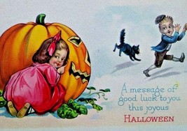Halloween Postcard Children Playing Black Cat Stecher 1290 D Unused Vintage - £39.82 GBP