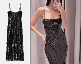 ZARA SEXY BLACK SEQUIN FLOWER MIDI DRESS W/SPAGHETTI STRAPS - M - $91.99