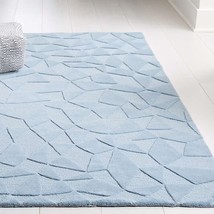 Textured Blue Geometric Rug Hand Tufted Rug Designer Wool Tuft Rug Fine Woolen O - £223.62 GBP