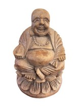 Vintage Happy Smiling Carved Solid Wooden Buddha Statue Luck Prosperity ... - $30.00