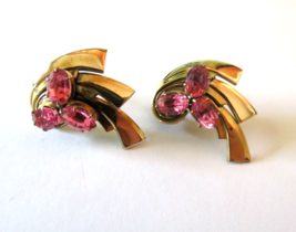 Vintage Gold Filled Earrings Large Oval Pink Rhinestones Screw Back Marked LS  - £8.01 GBP