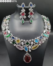 Indian Silver Plated Bollywood Style Choker Necklace CZ Multicolor Jewelry Set - £112.58 GBP