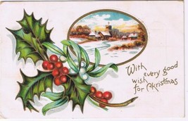 Holiday Postcard Embossed Christmas Every Good Wish Mistletoe Snow Scene - £2.31 GBP
