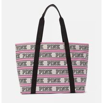 Victoria's Secret Pink Tote Weekender Bag Pink Black Logo Stripe Canvas - $26.93