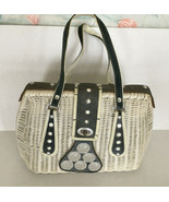 White woven plastic wicker VTG handbag purse front gray trim - $19.75