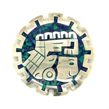 Vtg Sterling Signed 925 Mexico Carved Tribal Chief Aztec Azurite Brooch ... - $118.80