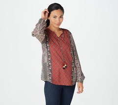 Tolani Collection Mix Printed Long-Sleeve Woven Top (Maroon Multi, S) A354819 - $16.65