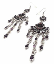Dangling Metal Hook Earrings With Chains and Purple Gemstones Floral Design - $6.92