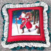 Christmas Pillows 15&quot; Square Santa Claus Toy Sack Ruffled Lace Edge Vintage - $10.50