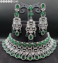 Indian Silver Plated Bollywood Style Choker Necklace Green CZ Jewelry Set - £89.32 GBP