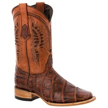 Mens Cognac Leather Cowboy Boots Elephant Print Western Wear Square Toe Botas - £111.90 GBP