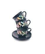 Three Arcoroc Arcopal cup and saucer sets. Black glass with flowers, birds. - £71.62 GBP