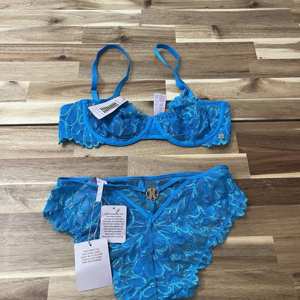 Savage X Fenty Bra 36C &amp; Panty Set Top Blue Lace Size Medium Bottoms NWT - $28.49