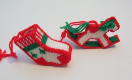 2 Vintage Plastic Canvas Needlepoint Rocking Horse Stocking Ornament Handmade 3D - £3.90 GBP